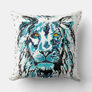 Lion Drawing - Blue Abstract Lion Throw Pillow