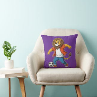 Lion Dribbling a Soccer Ball | Power, Skill & Cham Throw Pillow