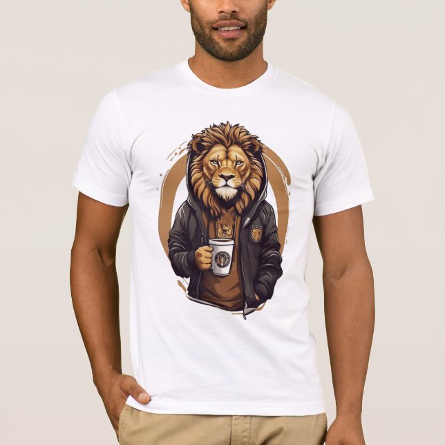 Lion Drinking Cofee design T-Shirt (Front)