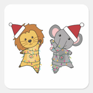 Lion Elephant Christmas Fairy Lights Cute Animals Square Sticker