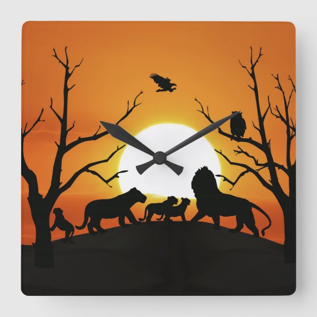 Lion family at sunset Africa Square Wall Clock (Front)
