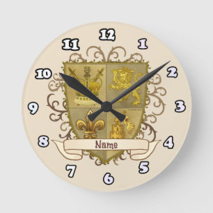 Lion Family Crest Surname Round Clock