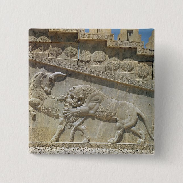 Lion fighting bull, relief east staircase 2 inch square button (Front)