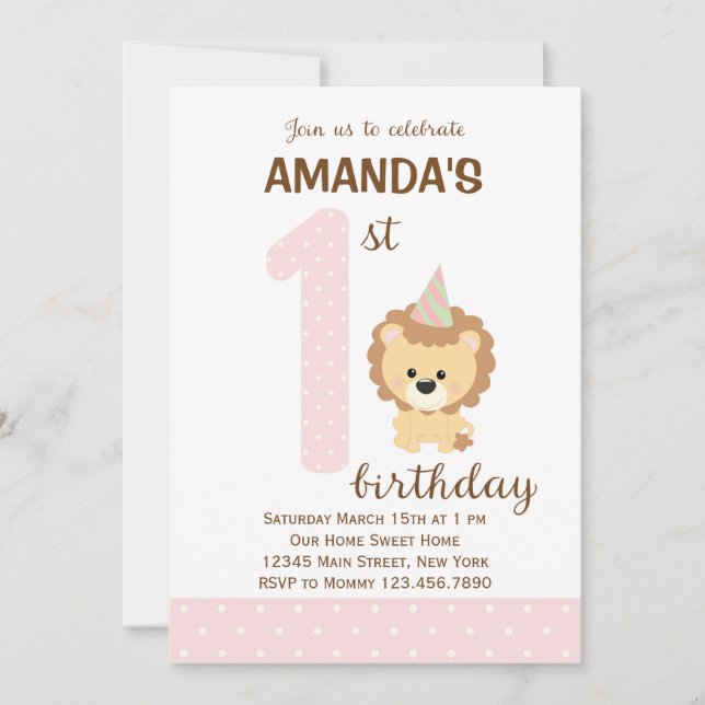 Lion First Birthday Invitation (Pink) (Front)