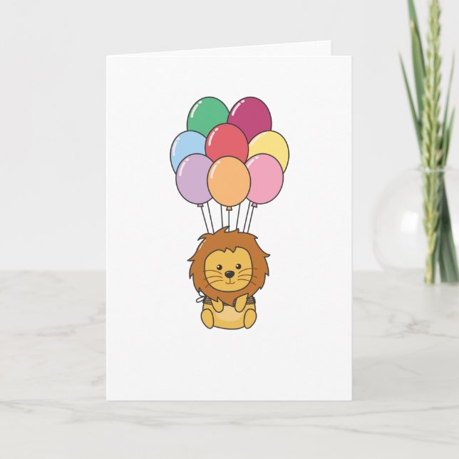 Lion Flies Up With Colourful Balloons Card (Front)