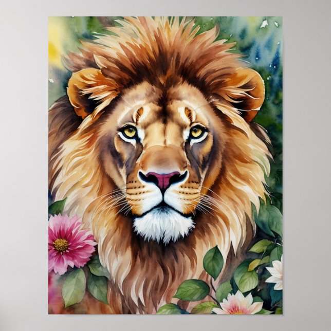 Lion Floral Watercolor Portrait Art Poster (Front)