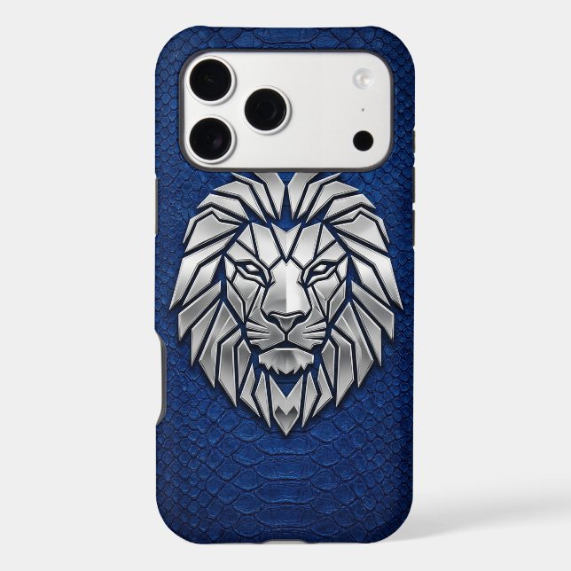 Lion Géométrique Chrome Argent iPhone Bleu Python (Verso)
