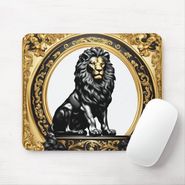 Lion gold and black ornamental frame mouse pad (With Mouse)