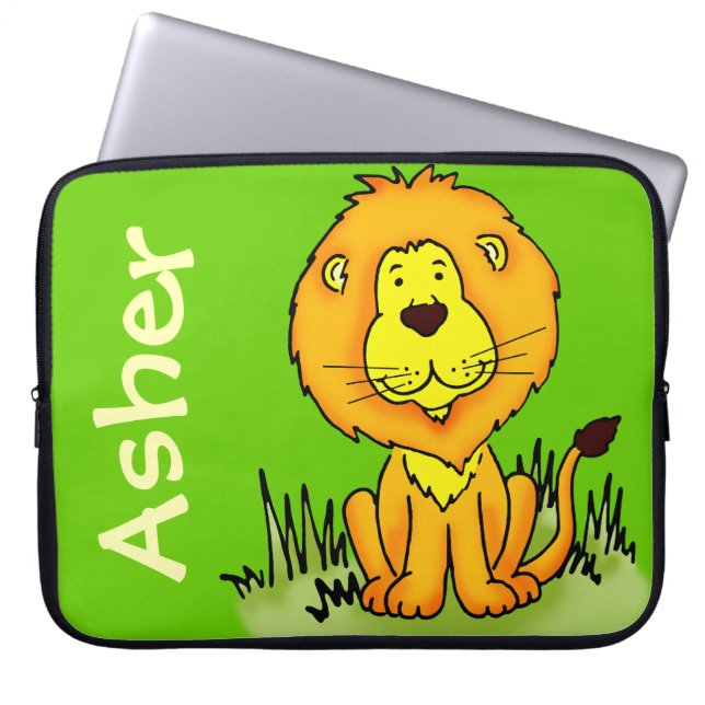 Lion graphic first name green kids laptop case (Front)