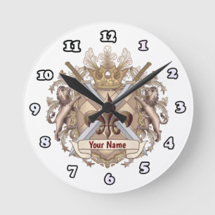 Lion Griffin Shield Surname Round Clock