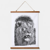 Lion Head Black White Wildlife Art Hand Drawn