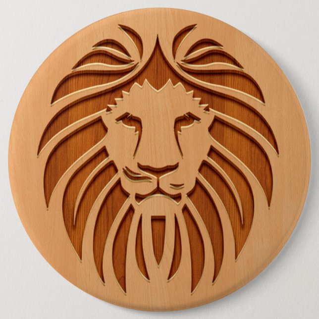 Lion head engraved on wood design 6 inch round button (Front)