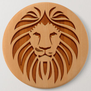 Lion head engraved on wood design 6 inch round button