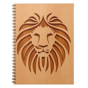 Lion head engraved on wood design notebook