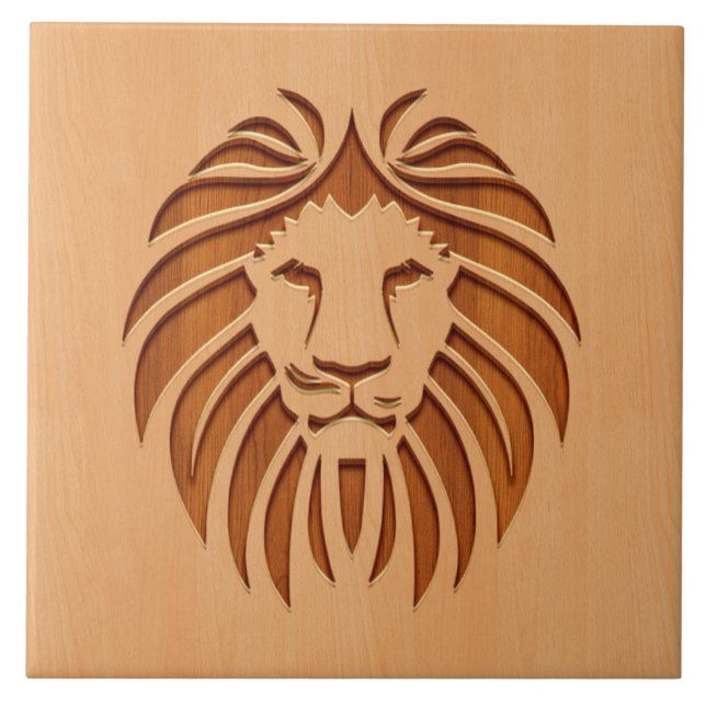 Lion head engraved on wood design tile (Front)