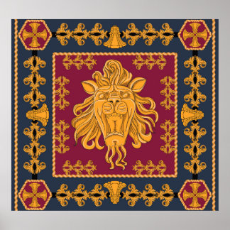 Lion head scarf: golden motif. poster