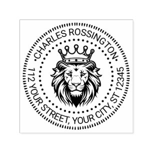 Lion Head Wearing Crown Name Return Address v1 Self-inking Stamp