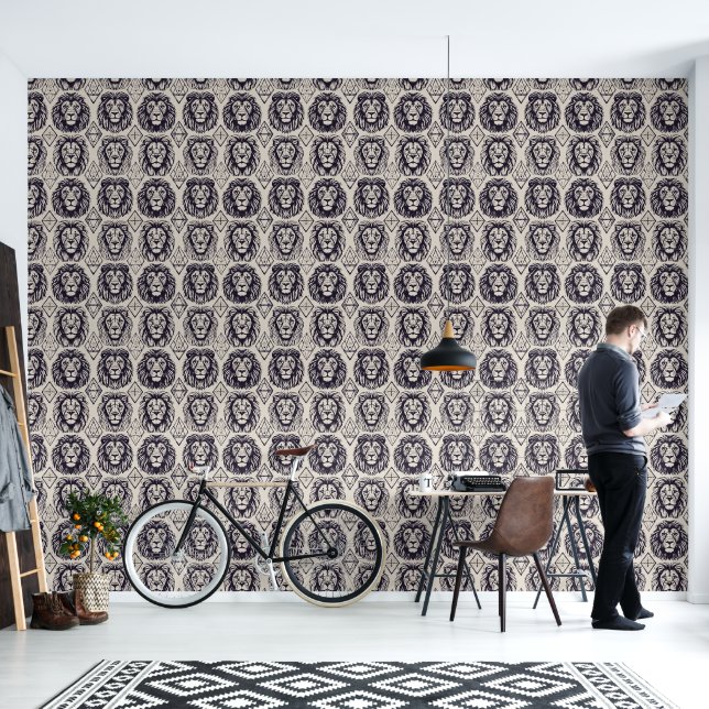 Lion Heads and Geometric Shapes Wallpaper (Living Room)