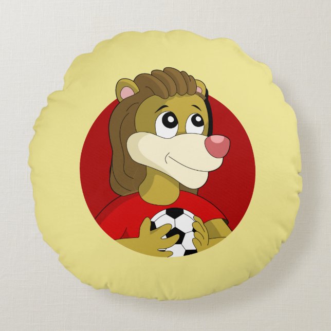 Lion holding a soccer ball cartoon round pillow (Front)