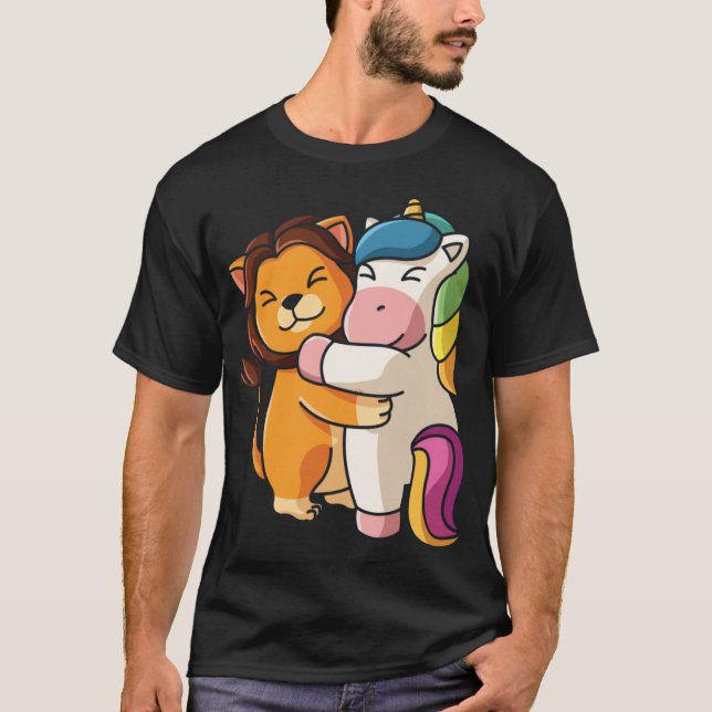 Lion hugging unicorn Hug Cuddle Animals retro T-Shirt (Front)