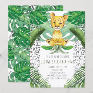 Lion Illustration Safari First Birthday Invitation