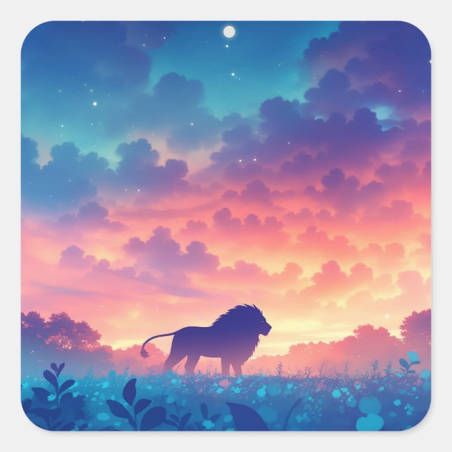 Lion in a Field of Sunset Hues Square Sticker (Front)