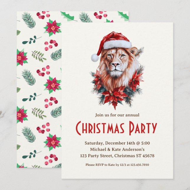 Lion in a Santa Hat Safari Animal Christmas Party  Invitation (Front/Back)