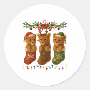 Lion In Christmas Socks Lights Lion Xmas  Classic Round Sticker