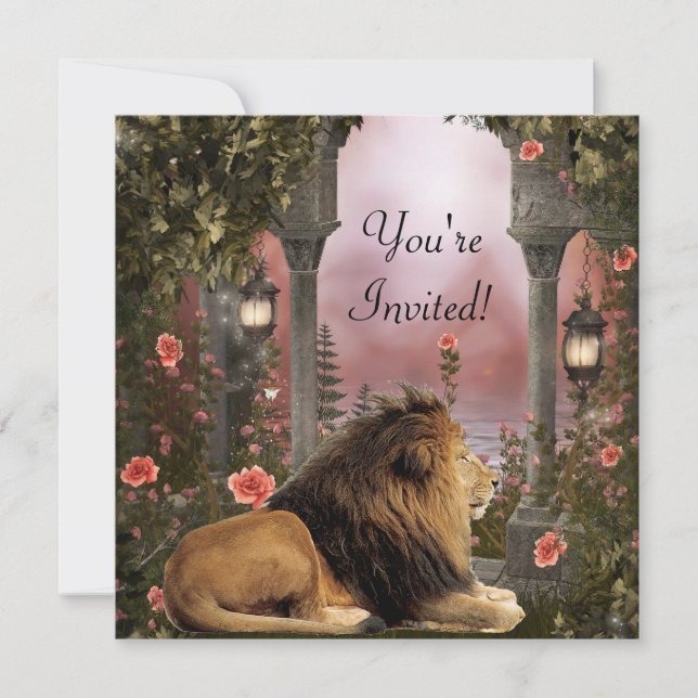 Lion in Enchanted Floral Garden Invitation de l'év (Devant)