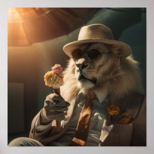 Lion in Sunglasses and Hat Enjoying Ice Cream - Fu Poster