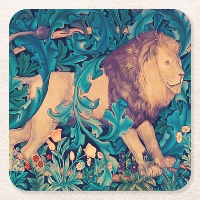 Lion in The Forest, William Morris Square Paper Coaster (Front)