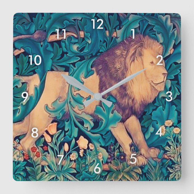 Lion in The Forest, William Morris Square Wall Clock (Front)
