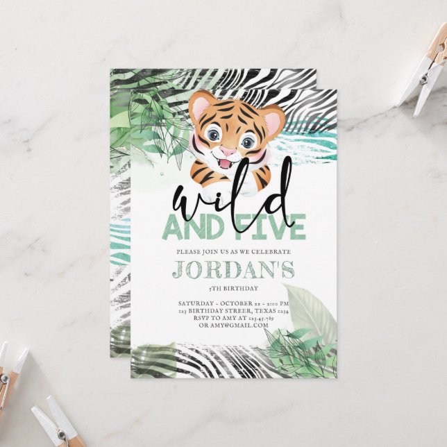 Lion Jungle Cute 5e Anniversaire Invitation (Devant/Arrière en situation)