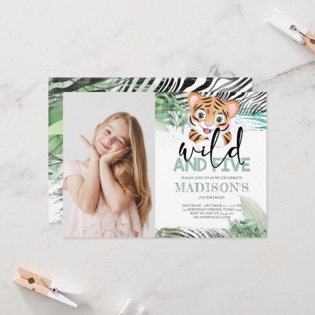 Lion Jungle Cute 5th Birthday Photo Invitation (Front/Back In Situ)