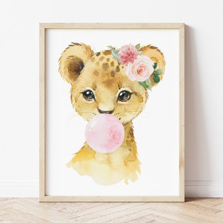 Lion, Jungle Safari, Pink Bubble Gum, Girl Nursery Poster