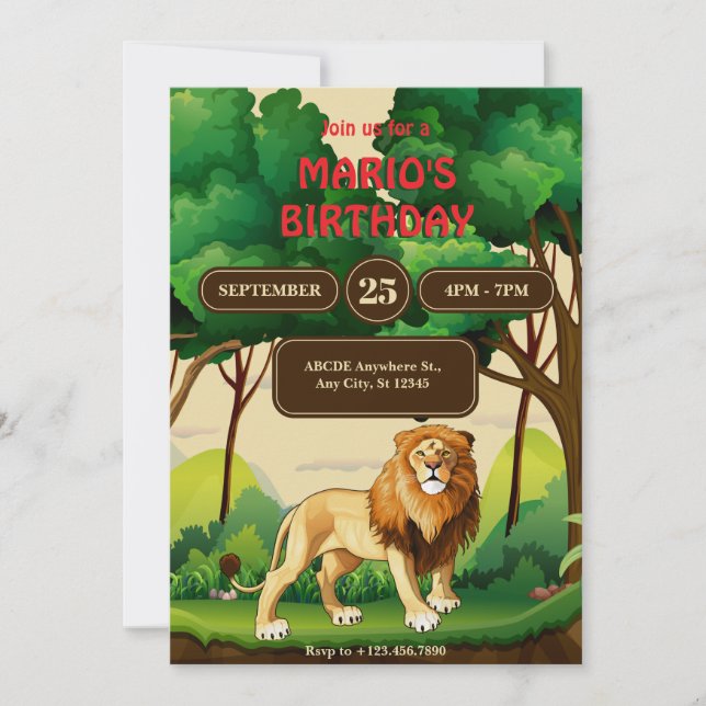 Lion king of the jungle birthday  invitation (Front)