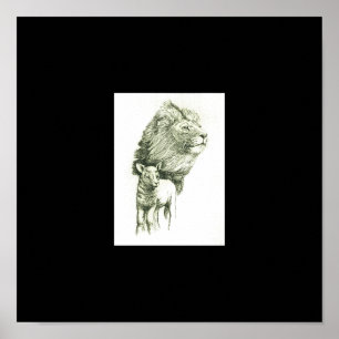 Lion & Lamb Green Border Poster