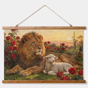 Lion & Lamb in the Roses Hanging Tapestry