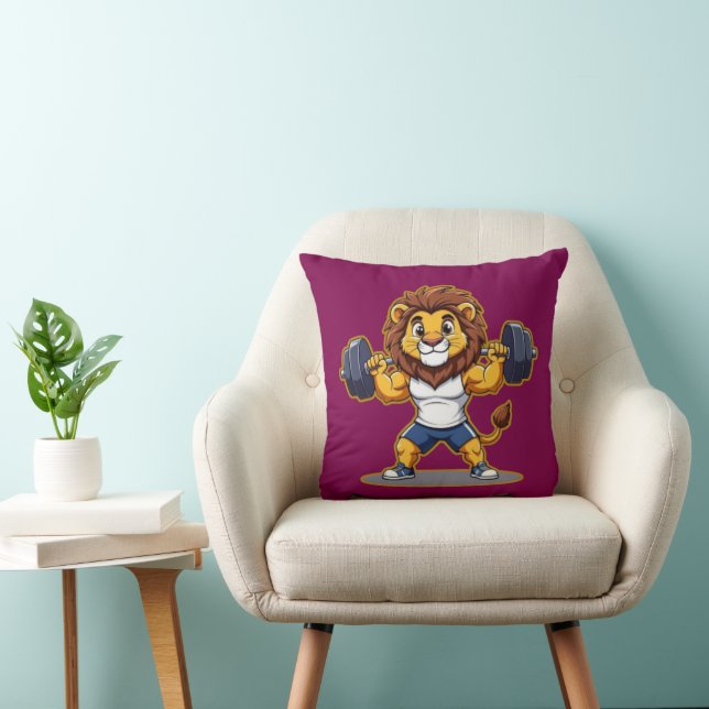 Lion Lifting Light Weights – Cute Gym Animal Illus Throw Pillow (Chair)