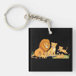 Lion Lioness and Cabs Cartoon Style Keychain