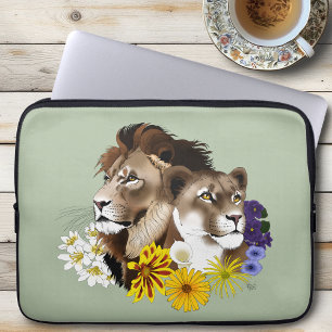 Lion Lioness Floral Green  Laptop Sleeve