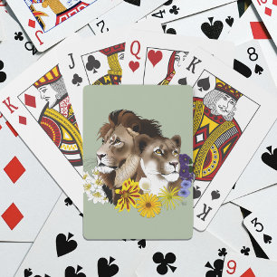 Lion Lioness Floral Green  Playing Cards