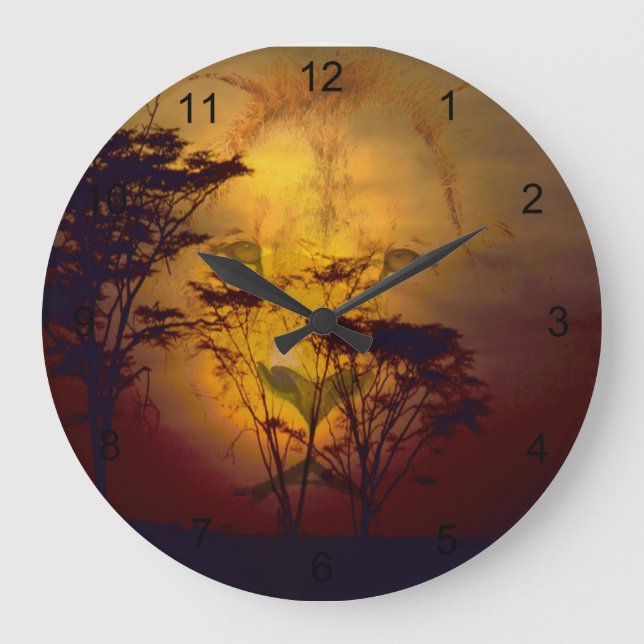 Lion Looking Over African Sunset Large Clock (Front)