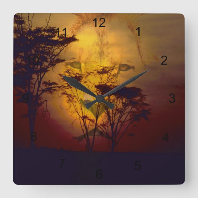 Lion Looking Over Sunset Square Wall Clock (Front)
