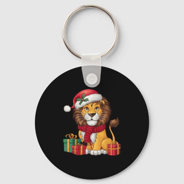 Lion Lover Xmas Holiday Santa Lion Christmas  Keychain (Front)