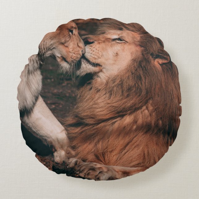 LION LYING ON BROWN ROCK ROUND PILLOW (Front)