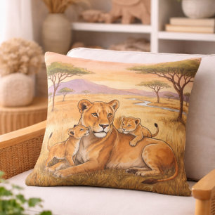 Lion Mama And Cub Safari Animals  Throw Pillow