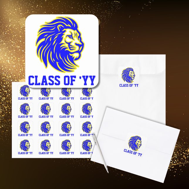 Lion Mascot Blue and Yellow Graduate Envelope Square Sticker (Creator Uploaded)