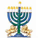 Lion Menorah Keychain Photo Sculpture Keychain<br><div class="desc">Acrylic photo sculpture keychain with an image of a blue,  green and gold menorah with nine lighted candles and two gold lions at the base. See matching acrylic photo sculpture pin,  magnet,  ornament and sculpture. See the entire Hanukkah Keychain collection under the ACCESSORIES category in the HOLIDAYS section.</div>