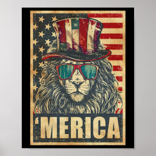 Lion Merica Vintage American Flag 4th Of July  Poster